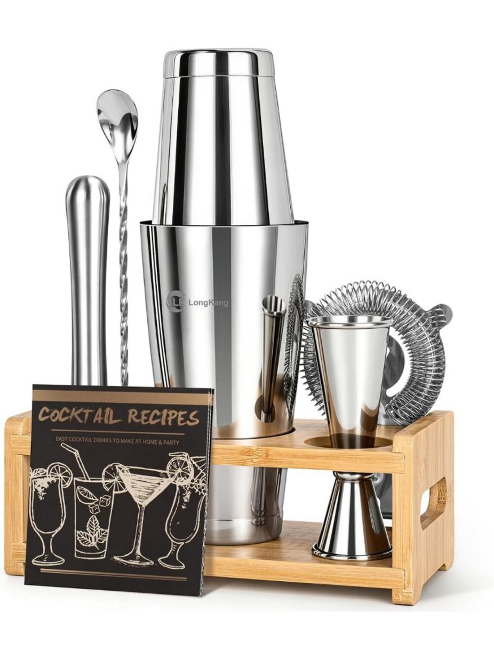 Stylish Stainless Steel Cocktail Shaker Set with Stand - Home Bar Bartending Kit